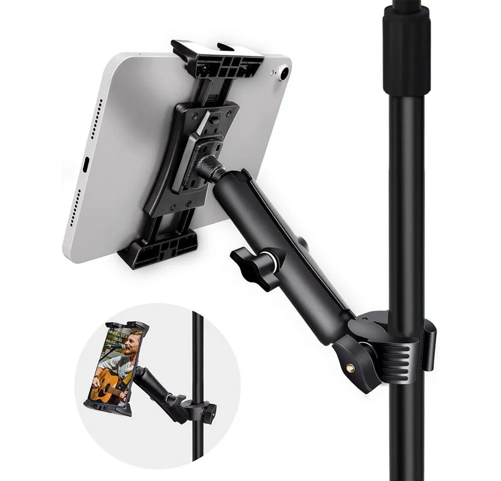 TUWENA Tablet-Halterung Tablet Halter, Verstellbar Drehbar Mikrofonständer mit Griffklemme, (Für 4-13 Zoll Geräte, IPad Pro 12,9 Air Mini, Galaxy Tabs, iPhone)