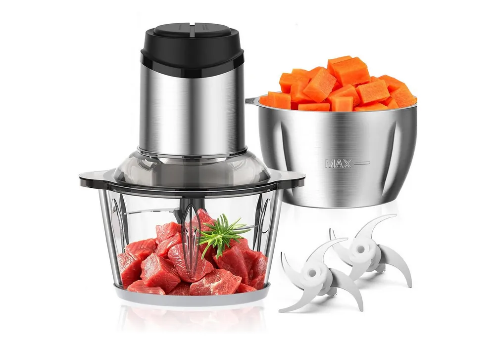 TUWENA Zerkleinerer 2L+2L Fleischwölfe Zerkleinerer Elektrisch Häcksler Edelstahlklingen, Fleischwolf, Chopper für Fleisch, Babynahrung, Obst, Gemüse