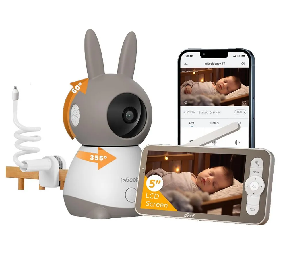TWUFY Babyphone 5 Zoll WLAN Video babyfone PTZ 355° Babyphone mit Kamera 2K/3MP, IR-Nachtsicht, Automatische Verfolgung,Temperaturanzeige, Weinen/Bewegungs/Geräuscherkennung,unterstützt Mobile App Steuerung, Präzisere Warnungen,Schlafmodus&Schreierkenn,Gefahrenbereichserkennung