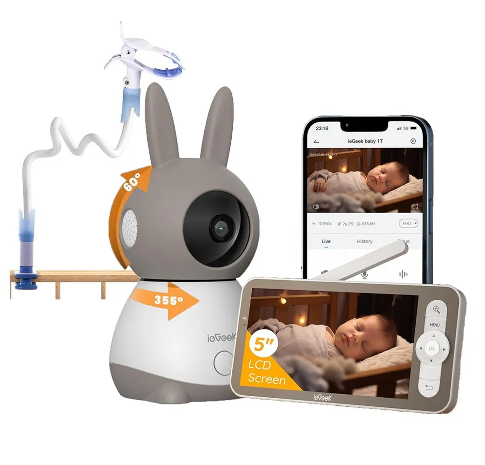 TWUFY Babyphone 5 Zoll WLAN Video babyfone PTZ 355° Babyphone mit Kamera 2K/3MP, IR-Nachtsicht, Automatische Verfolgung,Temperaturanzeige, Weinen/Bewegungs/Geräuscherkennung,unterstützt Mobile App Steuerung, Präzisere Warnungen,Schlafmodus&Schreierkenn,Gefahrenbereichserkennung