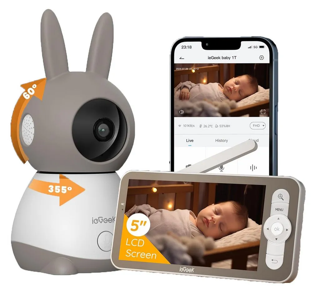 TWUFY Babyphone 5 Zoll WLAN Video babyfone PTZ 355° Babyphone mit Kamera 2K/3MP, IR-Nachtsicht, Automatische Verfolgung,Temperaturanzeige, Weinen/Bewegungs/Geräuscherkennung,unterstützt Mobile App Steuerung, Präzisere Warnungen,Schlafmodus&Schreierkenn,Gefahrenbereichserkennung