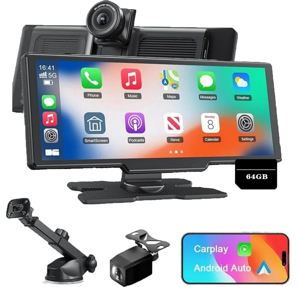 TWUFY Dashcam Auto, Autokamera,Kamera Carplay mit GPS Navigationsgerät Dashcam (1600*600, WLAN (Wi-Fi), 1600 x 600 Auflösung, Split-Screen, Intelligente Sprachsteuerung, 64GB-TF-Karte (vorinstalliert),Kabelloses Apple CarPlay, Android Auto)