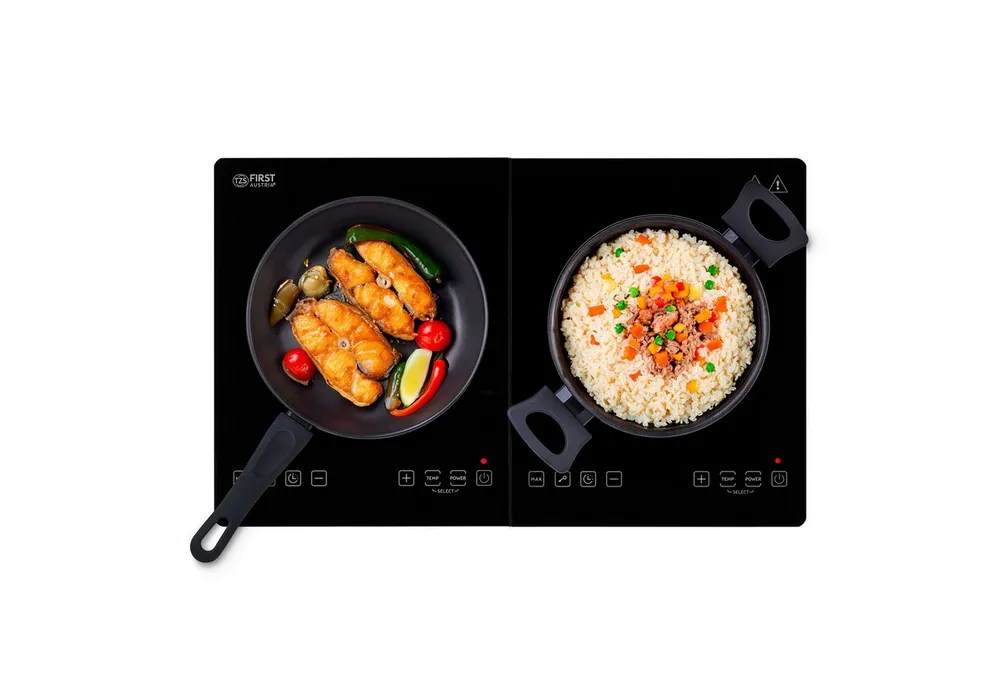 TZS FIRST AUSTRIA Doppelkochplatte 3500W, Induktionskochplatte, 10 Temperaturstufen & Timer, 2x220 mm Kochzonen, Glaskeramik, Kindersicherung, Überhitzungsschutz