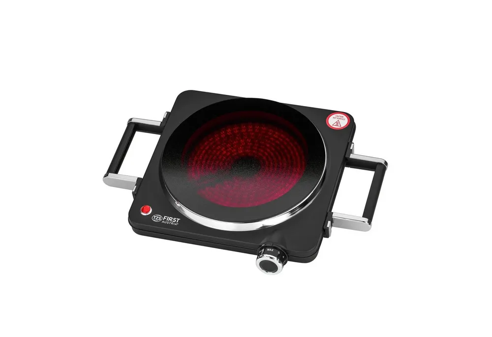 TZS FIRST AUSTRIA Einzelkochplatte Infrarot, mit Griffen, 1500W, Keramik, Temperaturregelung, Kochfeld Schwarz, Herdplatte für Camping