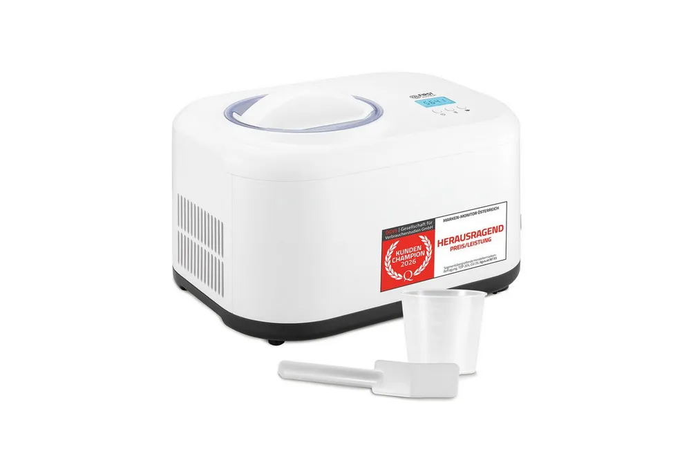 TZS FIRST AUSTRIA Eismaschine 1L, 100W, Kompressor & Kühlhaltefunktion, 60-Min Eis, 8-Std Joghurt, 1 l, 100 W, entnehmbarer 1L Eisbehälter, Eismaschine, inkl. Messbecher, Spatel