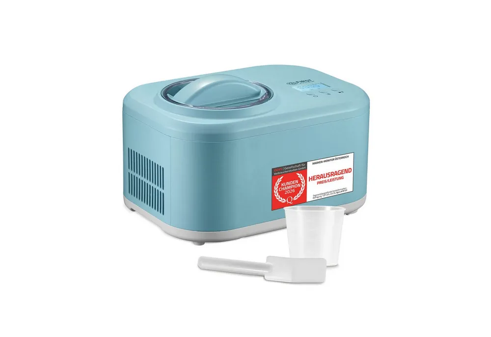 TZS FIRST AUSTRIA Eismaschine 1L, 100W, Kompressor & Kühlhaltefunktion, 60-Min Eis, 8-Std Joghurt, 1 l, 100 W, entnehmbarer 1L Eisbehälter, Eismaschine, inkl. Messbecher, Spatel