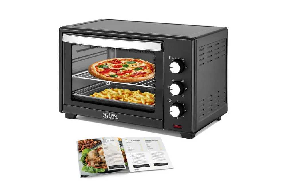 TZS FIRST AUSTRIA Minibackofen 35L 1600W, Premium-X Coating, stufenlose Temperaturregelung bis 230°C, 60 Min Timer, 3 Einschubhöhen, Doppelglastür, Umluftfunktion
