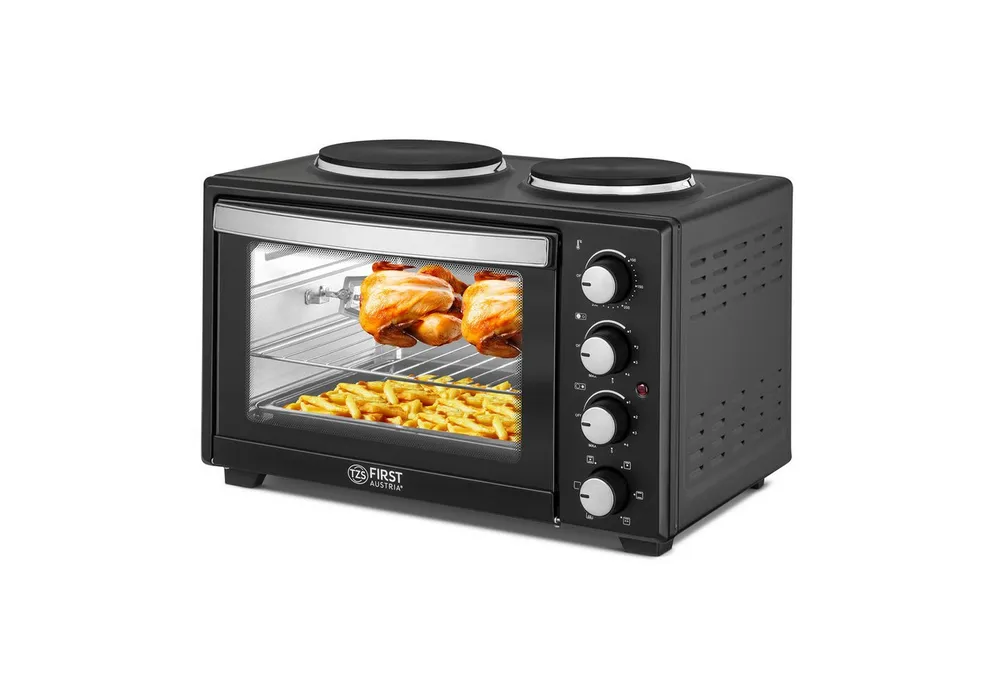 TZS FIRST AUSTRIA Minibackofen Pizzaofen mit Kochplatten, 30L, 3200W, Mini Backofen mit Umluft, max 230°C, Backblech, Drehspieß, Grillrost, Innenbeleuchtung