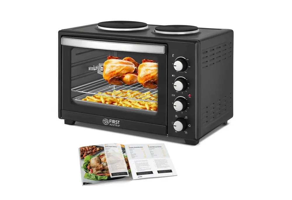 TZS FIRST AUSTRIA Minibackofen mit Kochplatten, 45L, Premium-X Coating,3200 Watt Umluft, Pizzaofen, max 230°C, Backblech, Drehspieß, Grillrost, Innenbeleuchtung