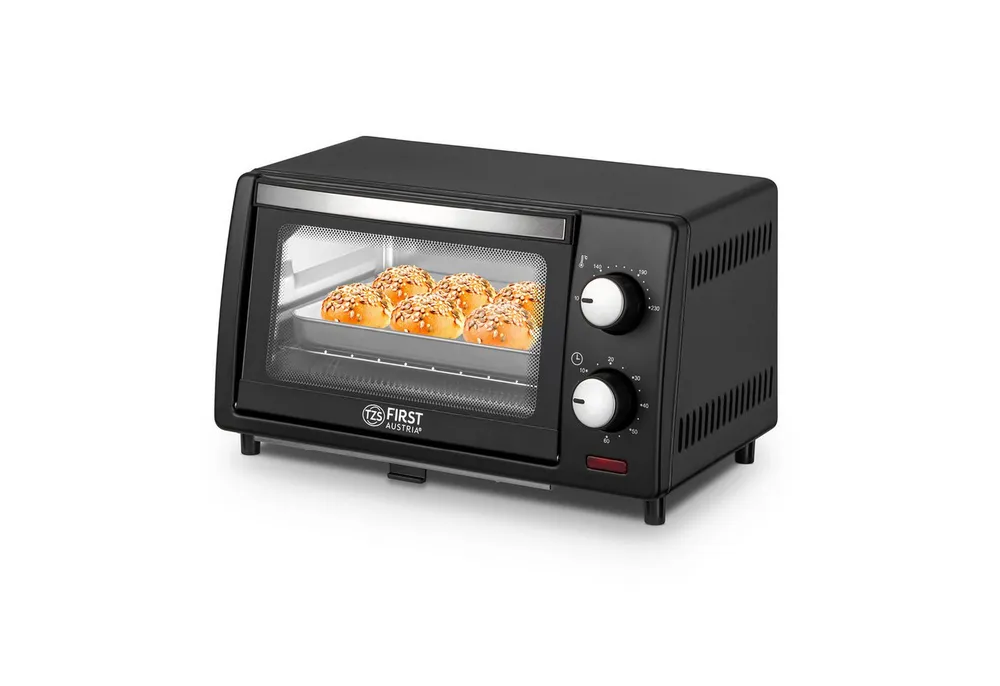 TZS FIRST AUSTRIA Minibackofen 10L 800W, stufenlose Temperaturregelung bis 230°C, 60 Min Timer, 2 Einschubhöhen, Doppelglastür, Grillrost