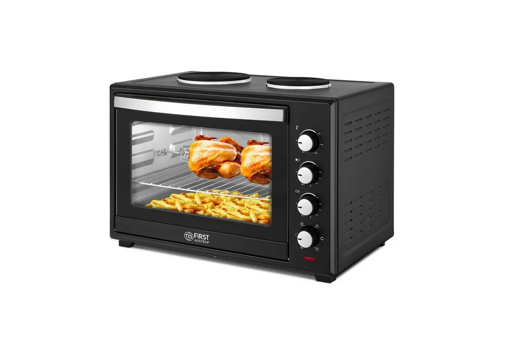 TZS FIRST AUSTRIA Minibackofen mit Kochplatten 60L 3400W, stufenlose Temperaturregelung bis 230°C, max 230°C, Backblech, Drehspieß, Grillrost, Innenbeleuchtung