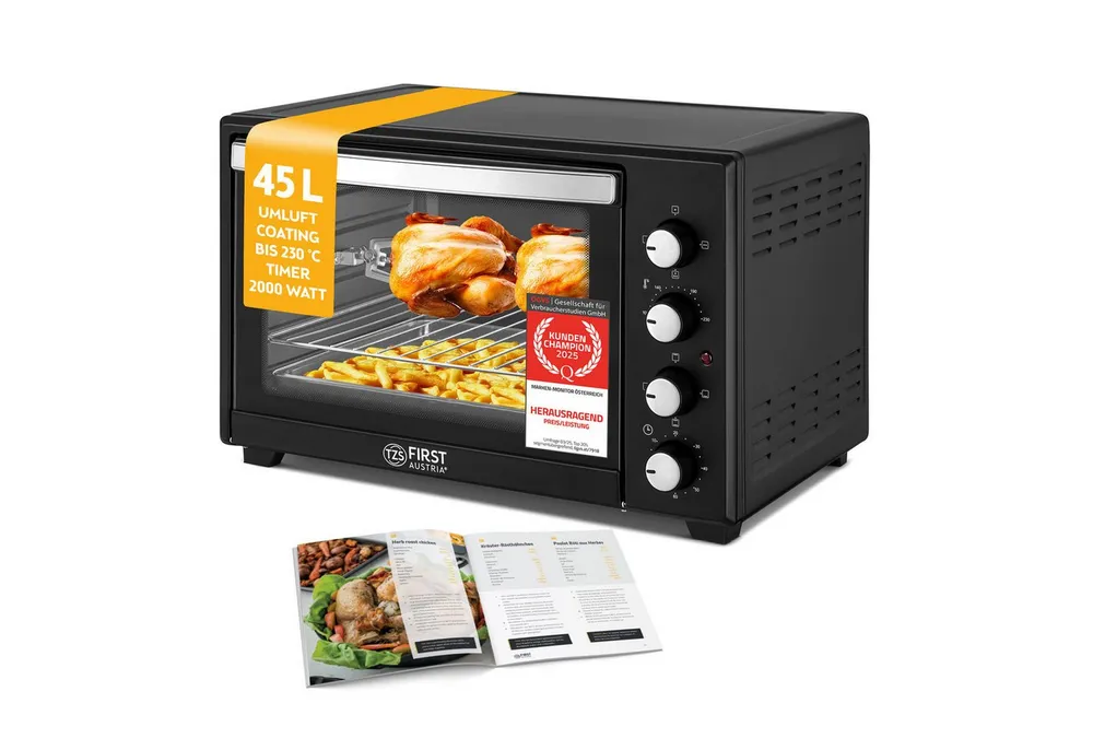 TZS FIRST AUSTRIA Minibackofen 45L 2000W, Premium-X Coating, stufenlose Temperaturregelung bis 230°C, 60 Min Timer, 4 Einschubhöhen, Doppelglastür, Umluftfunktion