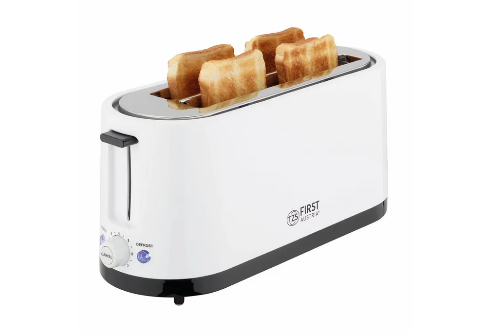 TZS FIRST AUSTRIA Toaster 4 Scheiben, Langschlitz, 1400W mit Krümelschublade, Brötchenaufsatz, für, 1400 W, Temperatureinstellung, Edelstahlgehäuse, Auftaufunktion