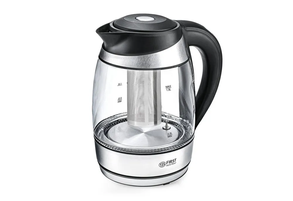 TZS FIRST AUSTRIA Wasserkocher Edelstahl, Glaswasserkocher, Teefilter, 1,8L, 2200W, Temperatur 40°C, 1.8 l, 2200 W, Farbwechsel, LED Beleuchtung-Farbe je nach Temperaturwahl, schwarz