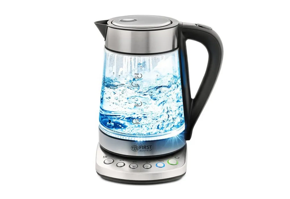 TZS FIRST AUSTRIA Wasserkocher Glaswasserkocher 1,7 L, mit Kalkfilter, 2200 Watt, Innenbeleuchtung, 1.7 l, 2200 W, kabellos, Trockenkochschutz, 360° Grad Anschluss-Sockel