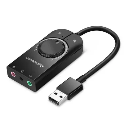Soundkarte extern Ugreen CM129 USB 15 cm Schwarz, Lautstärke- und Mute-Kontrolle, 3x Audio Eingänge, Rauschunterdrückungschip