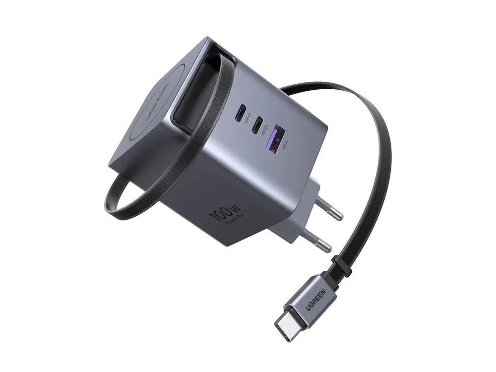 UGREEN 100W Nexode Pro GaN Power Adapter mit ausziehbarem USB-C Kabel, Grau