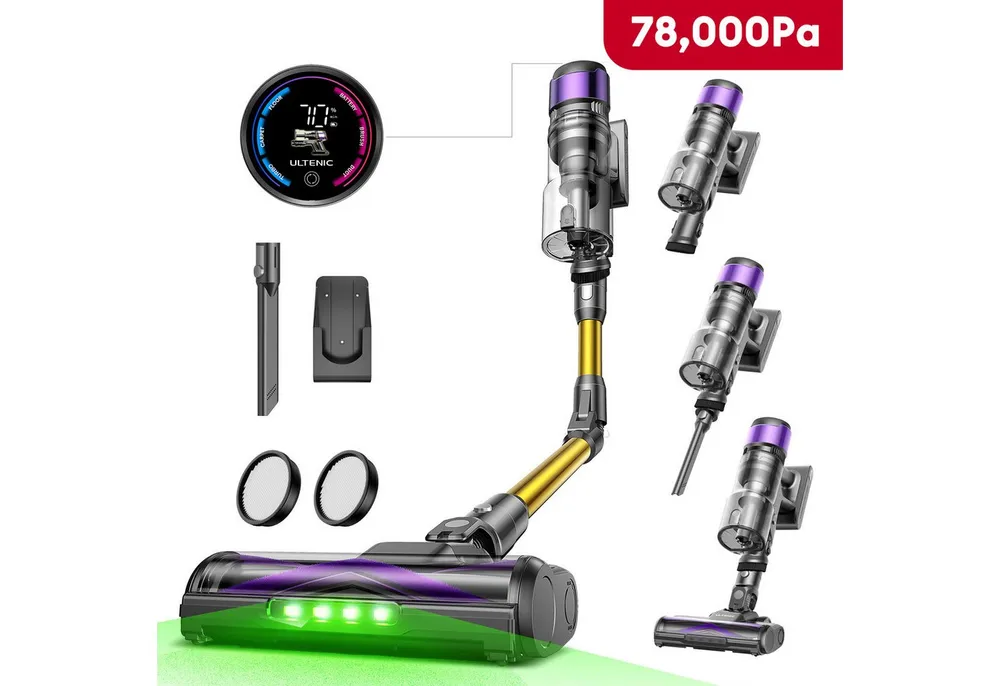 Ultenic Akku-Stielstaubsauger Akkustaubsauger,78000PA/650 W/Zero-Tangle-Bodenbürste, 650,00 W, beutellos, Anti-Tangle Bodenbürste für Hartböden Teppiche Tierhaare