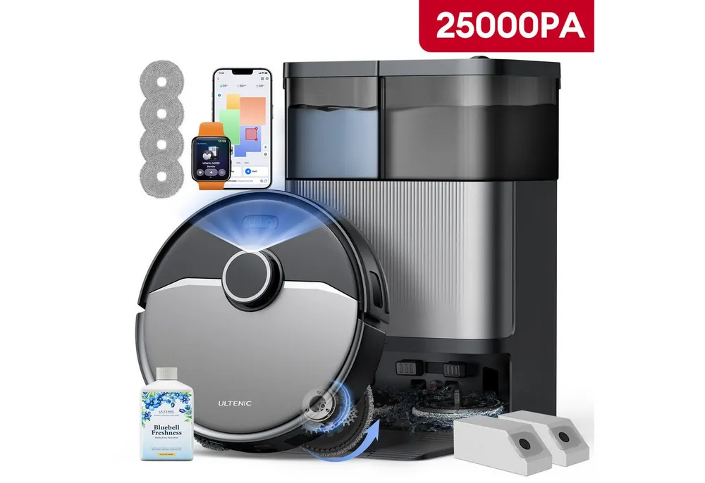 Ultenic Nass-Trocken-Saugroboter saugroboter mit wischfunktion,25000Pa,9 in 1,DualSpin-Wischsystem, mit Beutel, Saug und Wischroboter,Automatikstation,Dual-Airflow-Heißlufttrocknung