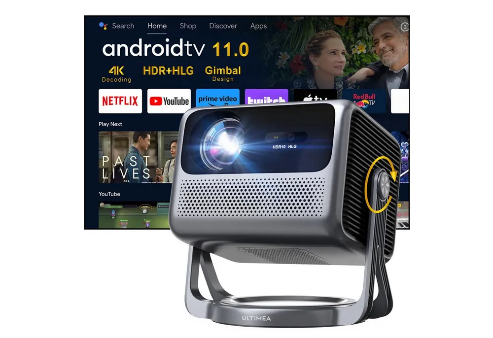 Ultimea Nova C40 Beamer mit 4K Dekodierung und Android TV 11.0 Beamer (1000:1, 1920 x 1080 px, Dolby Audio, 600 ANSI, HDR10&HLG, mit 90° Gimbal Stand-freiem Design)