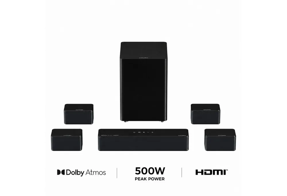 Ultimea Poseidon D80 Boom Soundbar 7.1 Surround Sound System (4 kabelgebundene Surround-Lautsprecher) (Bluetooth, HDMI, 500 W, 6.5'' Wireless Subwoofer, Dolby Atmos für TV)