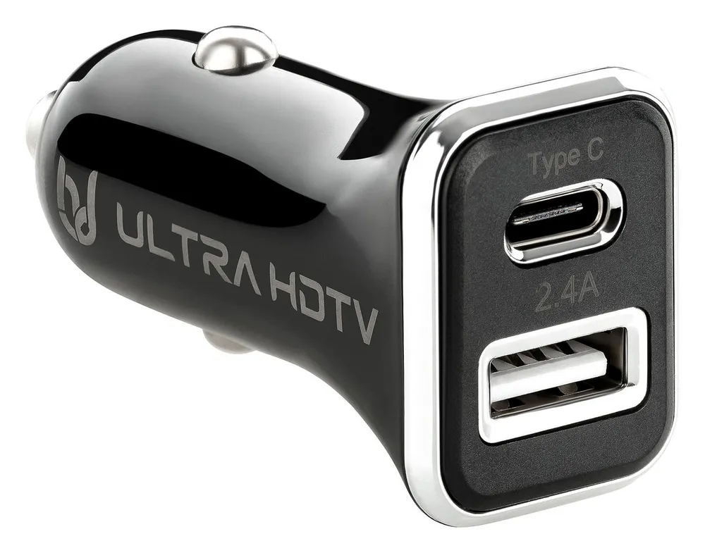 UltraHDTV USB Auto-Ladegerät, Dual Port (USB-C & USB-A) Smartphone-Ladegerät (12-24V, 2.4A, Schnelllade-Adapter für Smartphones, Schwarz)
