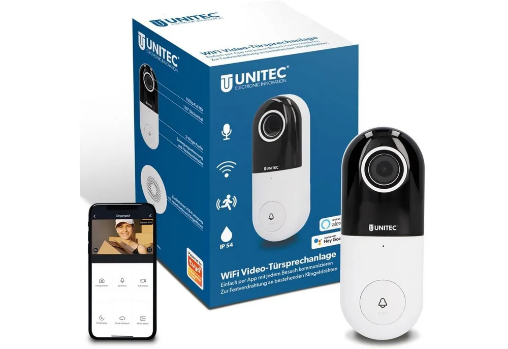 UNITEC Smart Home Türklingel WLAN Video Türsprechanlage mit HD Kamera (Außenbereich, Set, Komplett-Set Sprechanlage mit Kamera und Gong, Set Smart Türklingel WiFi Aufputz Klingel mit App 1080p Full HD)
