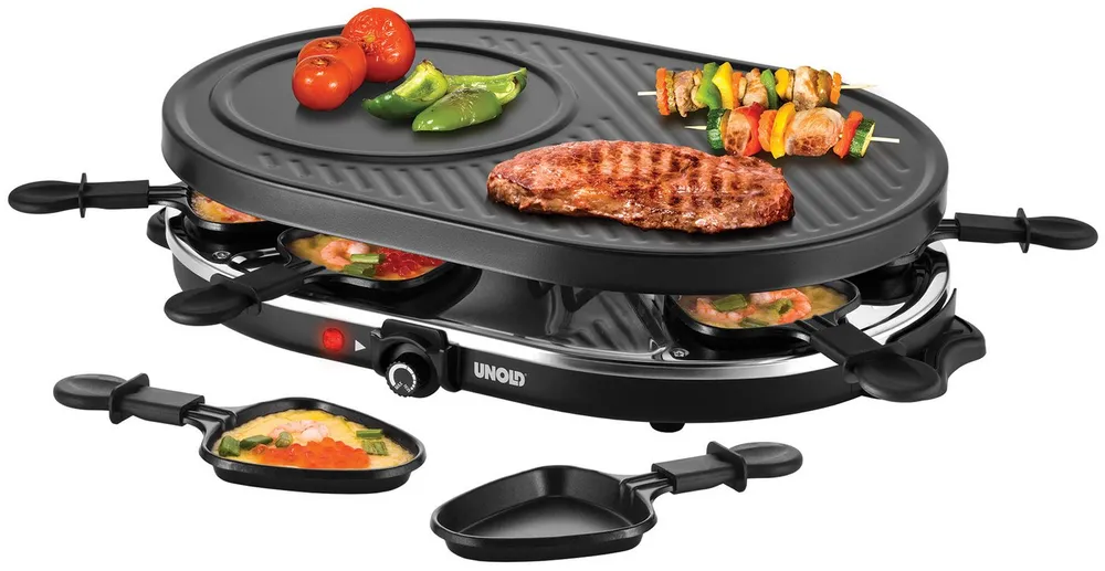 Unold Raclette Gourmet 48795, 8 Raclettepfännchen, 1200 W, Grillplatte abnehmbar, glatt und geriffelt