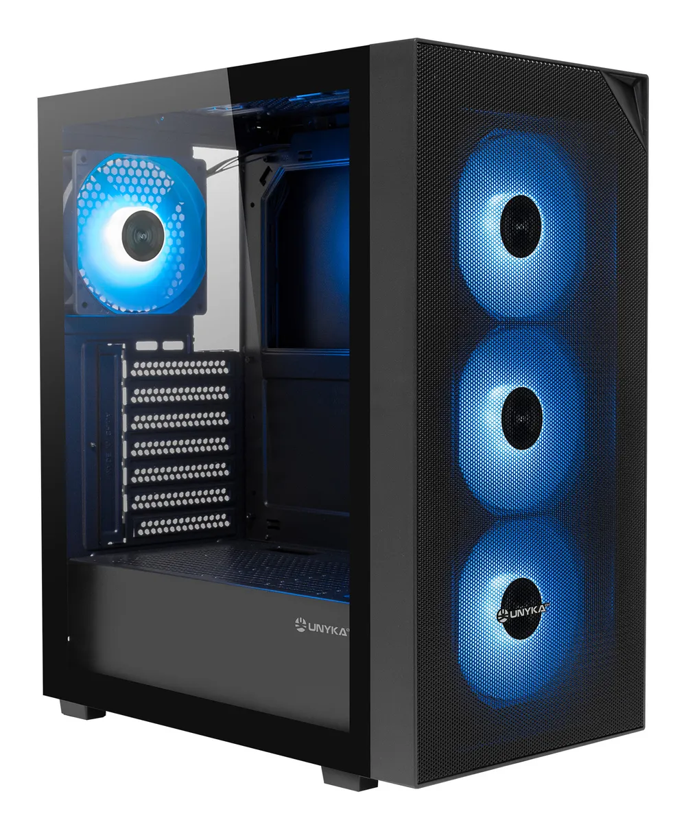 UNYKAch Revelat Mesh Compact Edition ATX PC-Gehäuse, Schwarz, 4x 120 mm ARGB Lüfter, gehärtetes Glas, USB 3.0/2.0, ATX/mATX/ITX, Wasserkühlung bis 240 mm, 340 mm GPU-Kompatibilität