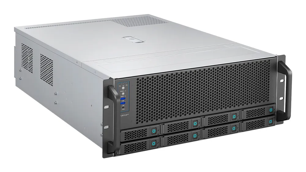 Server-Gehäuse UNYKAch 4U unterstützt bis zu 4 GPU Hot Swap 8x3,5"/2,5" SATA SAS SGPIO USB-C Schwarz/Silber
