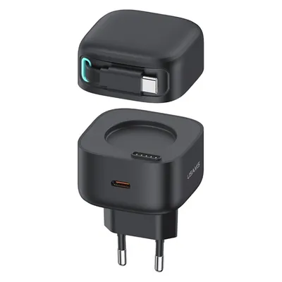Usams Ład. siec. 1xUSB-C ze zwijanym kablem USB-C (only head) PD+QC 35W Gan Fast Charging czarny/bla