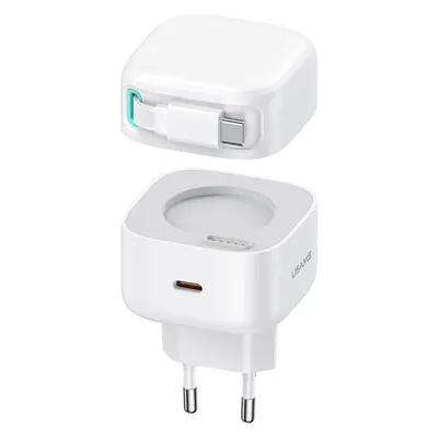 Usams Ład. siec. 1xUSB-C ze zwijanym kablem USB-C (only head) PD+QC 35W Gan Fast Charging biały/whit