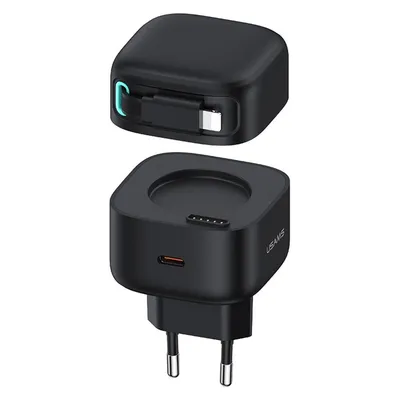 Usams Ład. siec. 1xUSB-C ze zwijanym kablem Lighning (only head) PD+QC 35W Gan Fast Charging czarny/