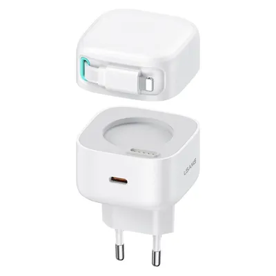 Usams Ład. siec. 1xUSB-C ze zwijanym kablem Lighning (only head) PD+QC 35W Gan Fast Charging biały/w