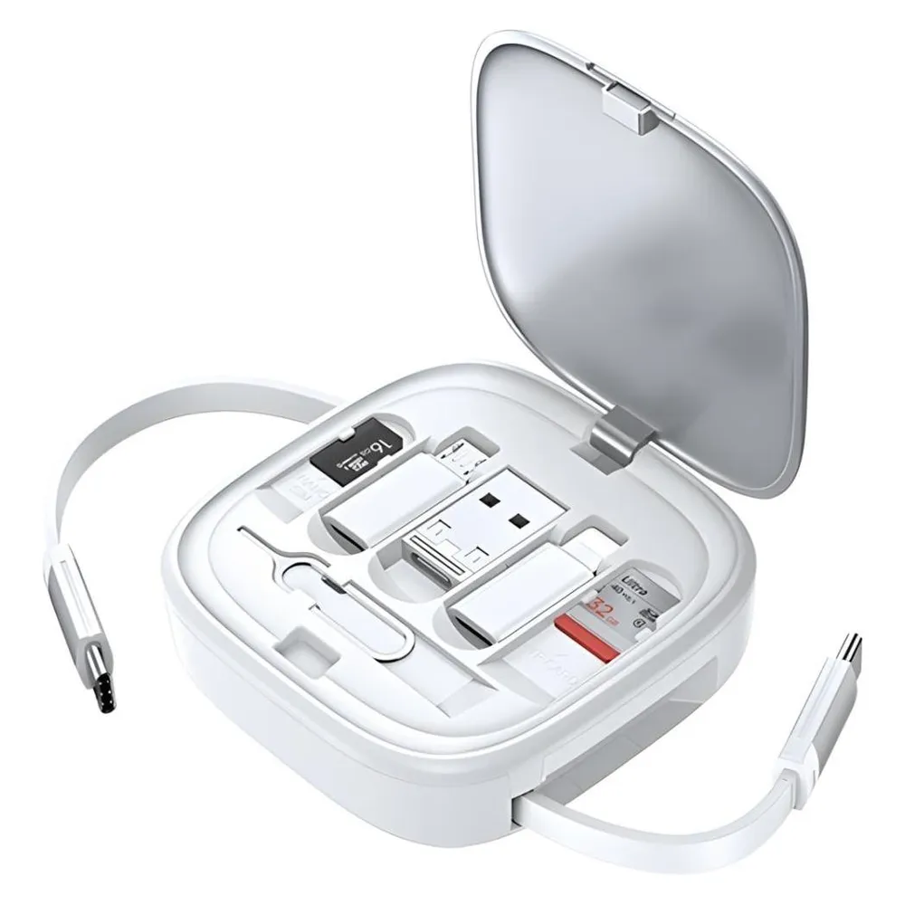 Usams Kabel rozwijany 3w1 z pudełkiem MicroUSB/USB-C/Lightning 60W srebrny/silver SJ650USB02 (US-SJ6