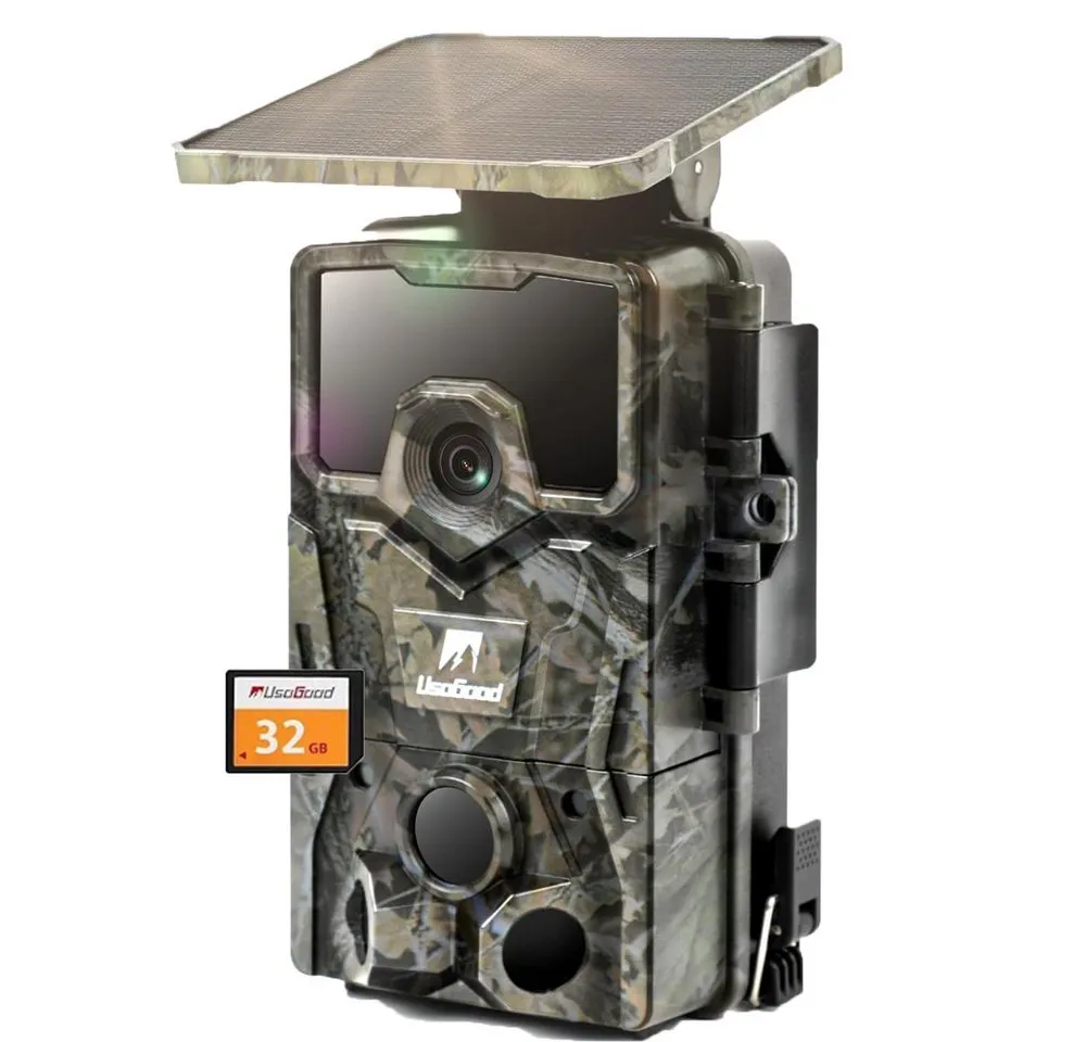 Usogood Wildkamera Solar Wildkamera 4K 48MP Wildtierkamera mit 32GB Karte (Für Garten Haustierüberwachung, Spiele und Trail Outdoor -Sicherhei, Jagdkamera mit 120° Erfassungs Winkel Bewegungsmelder Nachtsicht, 1-tlg., Eingebaute Lithiumbatterie Kein WLAN IP66 Wasserdicht 0,2s Auslösezeit, für Wildtierbeobachtung & Heim Sicherheit Überwachung von Wildtieren)