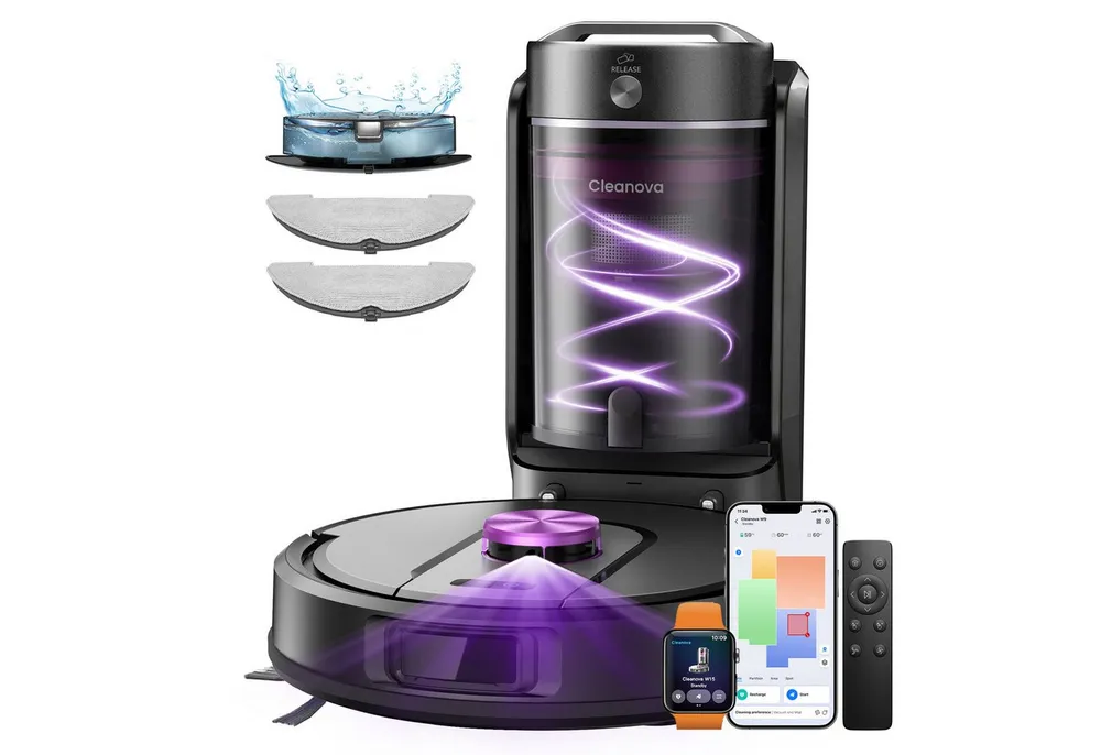 Vactidy Saugroboter W15 3-in-1, 12000Pa/180Min/4L, Roboter Staubsauger mit Wischfunktion, beutellos, mit Staubabsaug- und Selbstentleerungsfunktion, Saug und Wischroboter