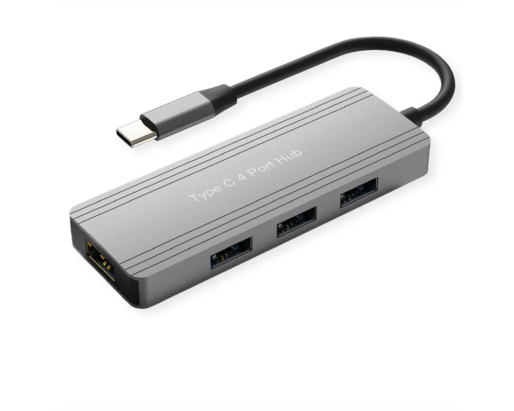VALUE USB 3.2 Gen 1 Hub, 4fach Computer-Adapter USB Typ C (USB-C) Männlich (Stecker) zu USB 3 Typ A Weiblich (Buchse), 10.0 cm, USB-C Anschlusskabel