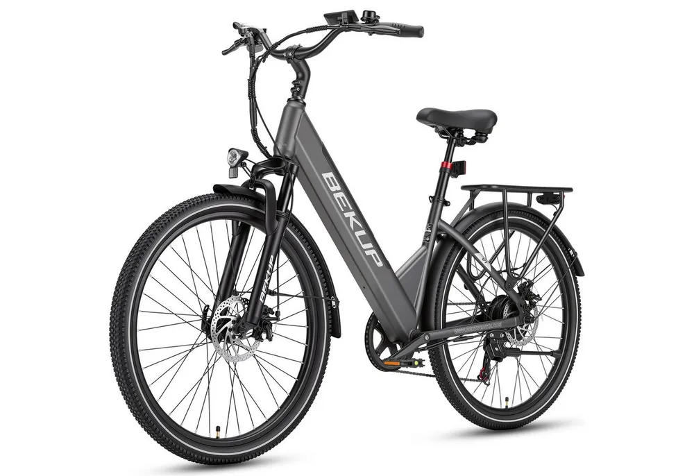 Vankel E-Bike Cityrad 26 Zoll City-E-Bike für Damen und Herren, 522 Wh, 120 km, 45 Nm, 7 Gang Shimano Shimano Tourney TZ Schaltwerk, Kettenschaltung, Heckmotor, 522 Wh, (Komplettset, E-Bike inklusive Akku und Ladegerät), Für Alltag und Touren mit Federgabel, Display und Scheibenbremsen