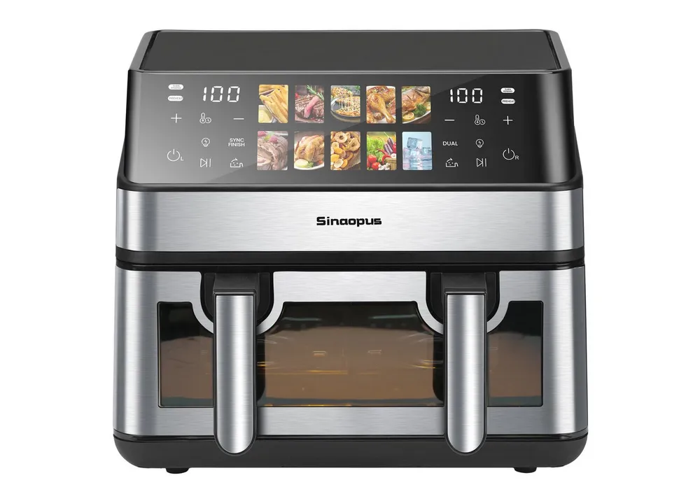 Vankel Heißluftfritteuse 9L, 2000W Dual Airfryer mit 2×4,5L Körben, Sichtfenster & 10 Programmen, 2000 W, Doppelkammer-Fritteuse mit 360° Heißluft, Touchscreen & Timer