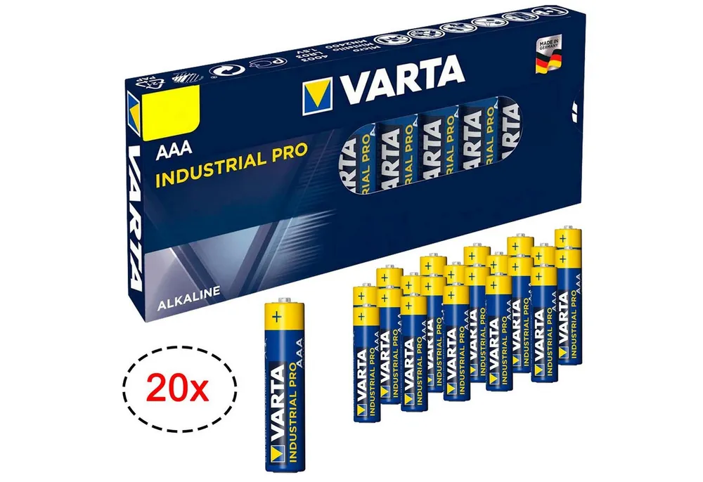 VARTA 20er Pack AAA Industrial Alkaline Micro Batterie, (1,5 V, 20 St), Made in Germany Batterien 1,5V für Taschenlampe Spielzeug Wand Uhr