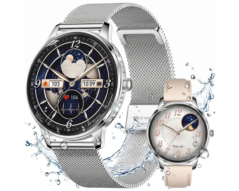 Vashoy Smartwatch Damen,1.19" mit Bluetooth Anrufe,Sprachassistent Smartwatch (38mm cm/1.19 Zoll, Android4.4/IOS1.0) Spar-Set, 4-tlg., Anrufe, Schrittzähler, Puls, Blutdruck, Stress-, Schlafüberwachung, IP68 Wasserdicht – Fitnessuhr Kompatibel mit iOS Android