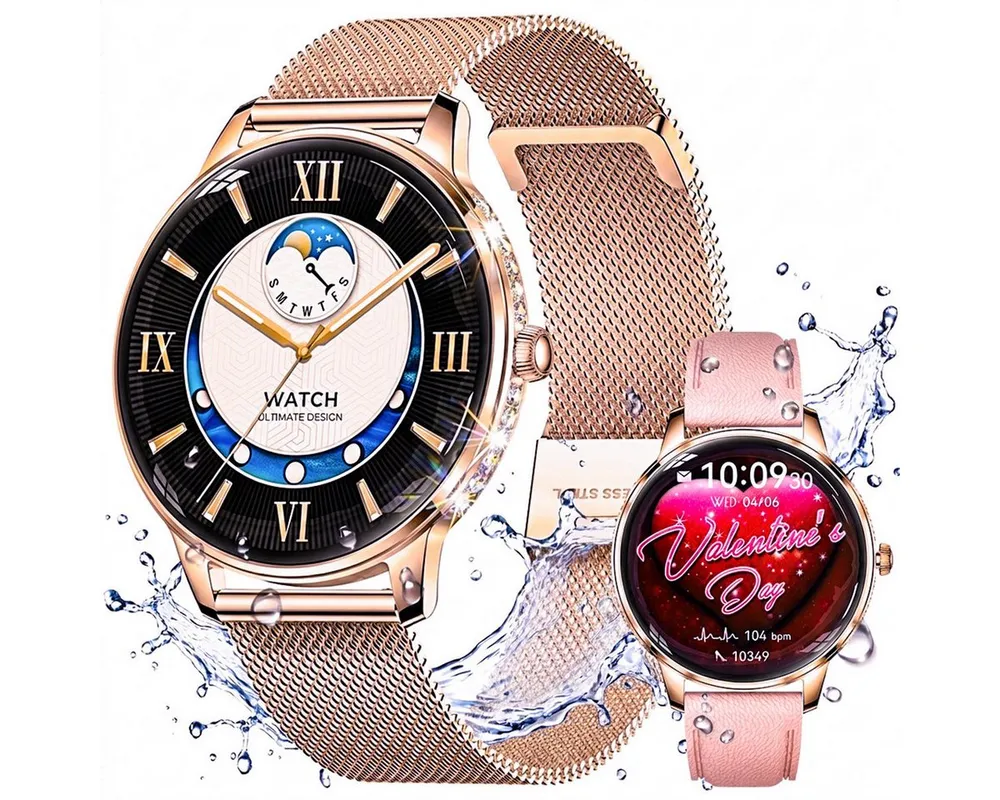 Vashoy Smartwatch Damen,1.19" mit Bluetooth Anrufe,Sprachassistent Smartwatch (38mm cm/1.19 Zoll, Android4.4/IOS1.0) Spar-Set, 4-tlg., Anrufe, Schrittzähler, Puls, Blutdruck, Stress-, Schlafüberwachung, IP68 Wasserdicht – Fitnessuhr Kompatibel mit iOS Android