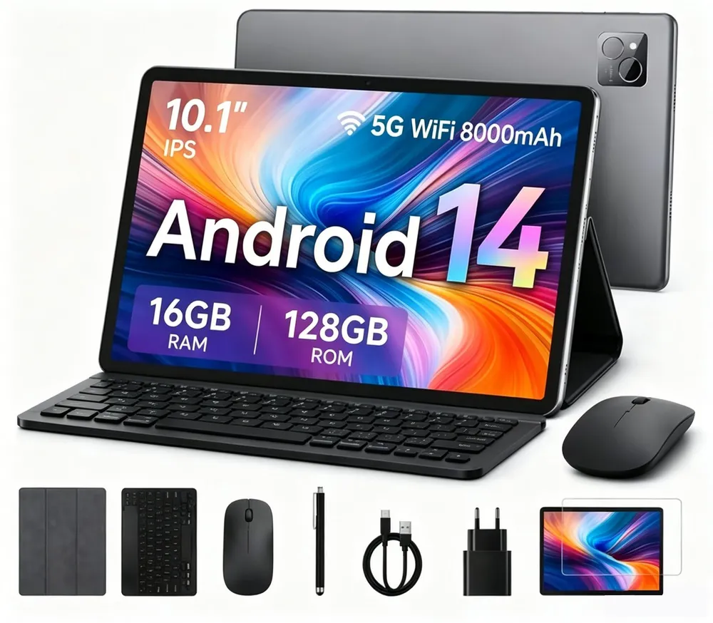 VASOUN TAB11 Android Tablet mit Tastatur,Stift, Maus,10 Zoll, 8000mAh Tablet (10.1", 128 GB, Android, (5G wifi/Octa core/8MP/zwei Lautsprecher)