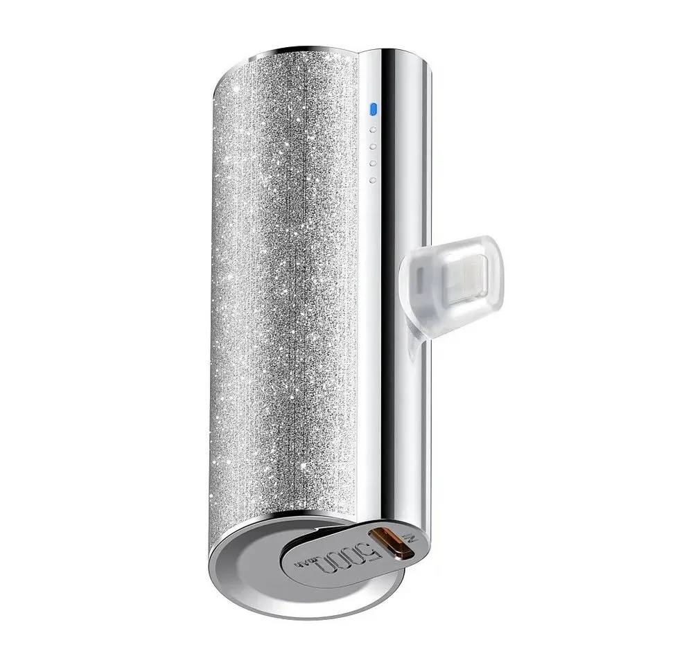 VEGER Powerbank 5 000 mAh mit eingebautem Anschluss 12W PlugOn mit Glitzer Powerbank