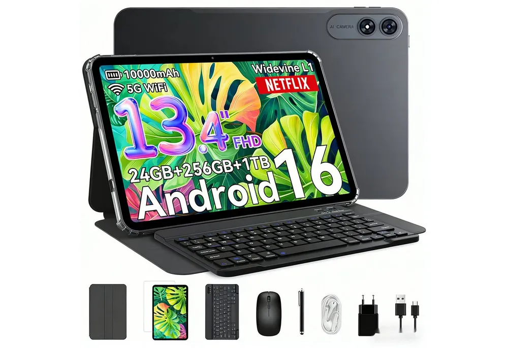 VekfulPC T60Pro 13.4" Android 16 10000mAh mit Tastatur, Maus, Kopfhörer, Stift Tablet (13.4", 256 GB, 120Hz, Octa-Core, FHD+IPS, Gemini AI, mit Zubehör/Kabel-Headset,5GWiFi)