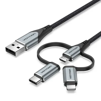 Vention CQJHF Kabel USB-Stecker auf USB-C-Stecker / MicroUSB-Stecker / Lightning-Stecker, 1 m, Grau