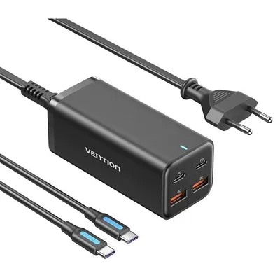 Vention FBSBG-EU Ultraschnelles GaN USB-C Ladegerät 4 Ports PD100W + USB-C Kabel für Laptop Schwarz
