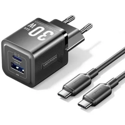 GaN Ladegerät Vention TZ-FEQB0-EU-01 USB-C + USB-A 30W mit USB-C KabelGaN Ladegerät Vention TZ-FEQB0-EU-01 USB-C + USB-A 30W mit USB-C Kabel