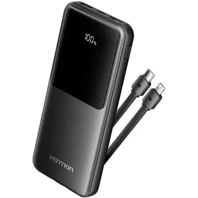 Powerbank Vention FHOB0 10000 mAh 22,5 W Schwarzes USB-C- und Lightning-Kabel